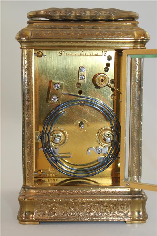 Margaine. A 19th century French engraved brass hour repeating carriage clock, 6in.